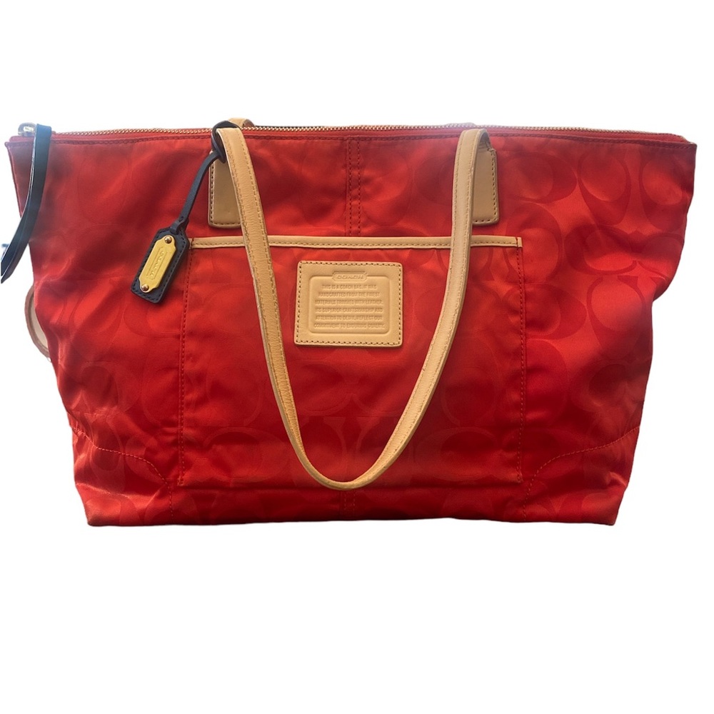 Coach Signature C print nylon Leather shoulder handle purse bag red yellow